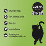 Load image into Gallery viewer, Cosma Pure Love Snackies product description on a green background with a black silhouette of a cat.
