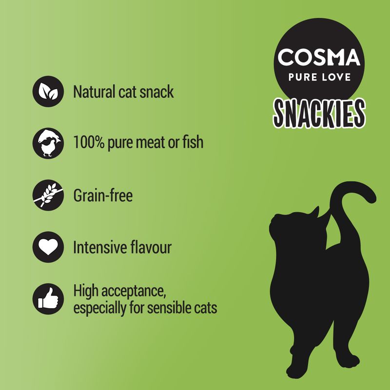 Cosma Pure Love Snackies product description on a green background with a black silhouette of a cat.