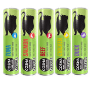 Five green cans of Cosma Pure Love Snackies with different flavors on a white background