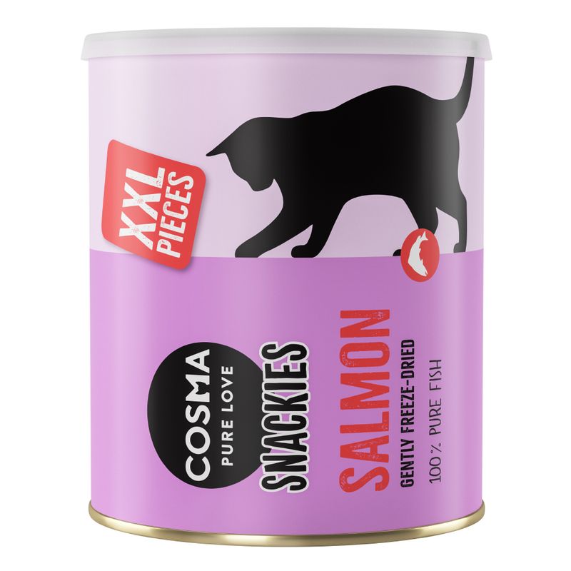 Cosma Snackies Salmon cat food can on a white background