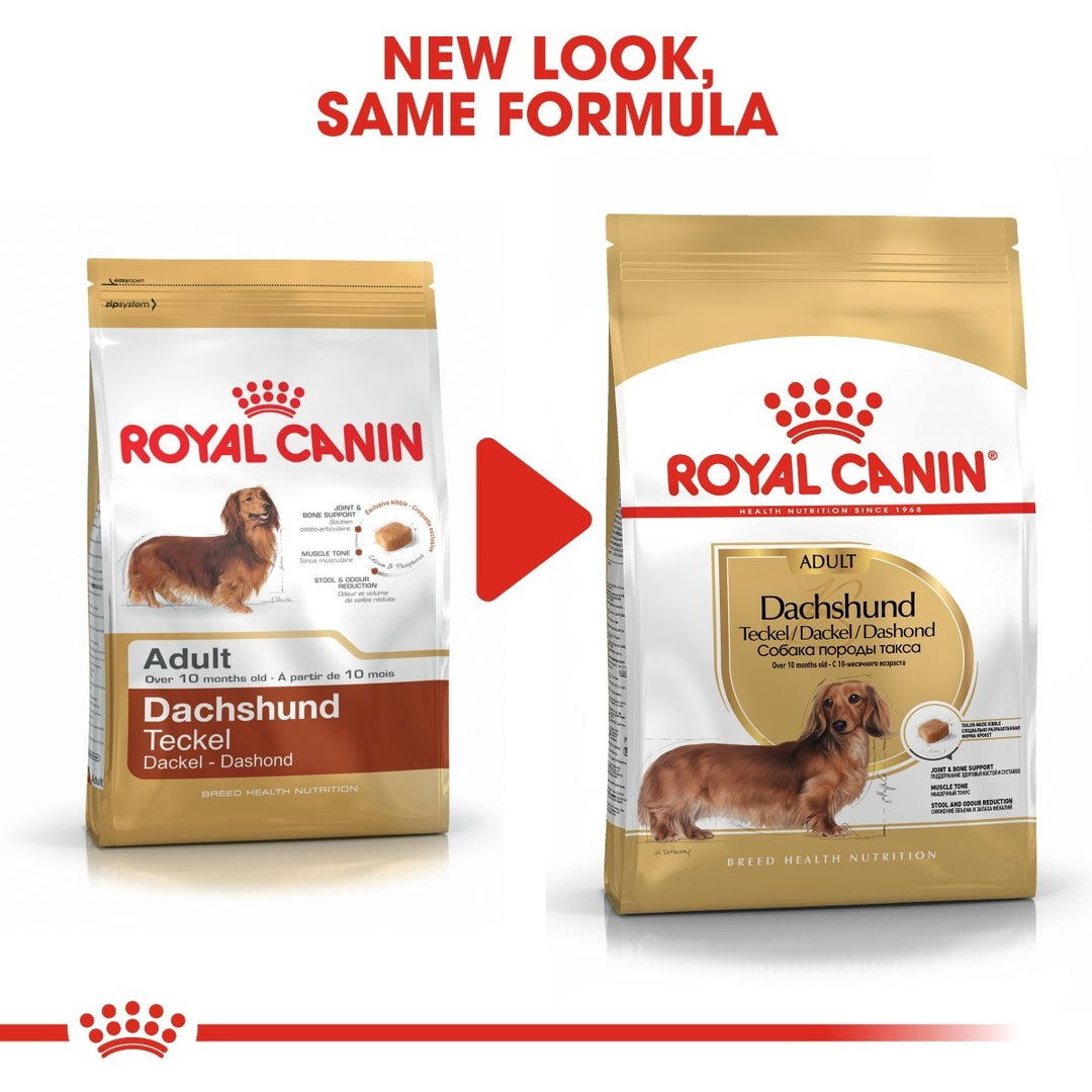 Two packages of Royal Canin Dachshund dog food with a red arrow between them.