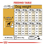 Load image into Gallery viewer, Feeding table chart for dogs with weight and activity level guidelines.
