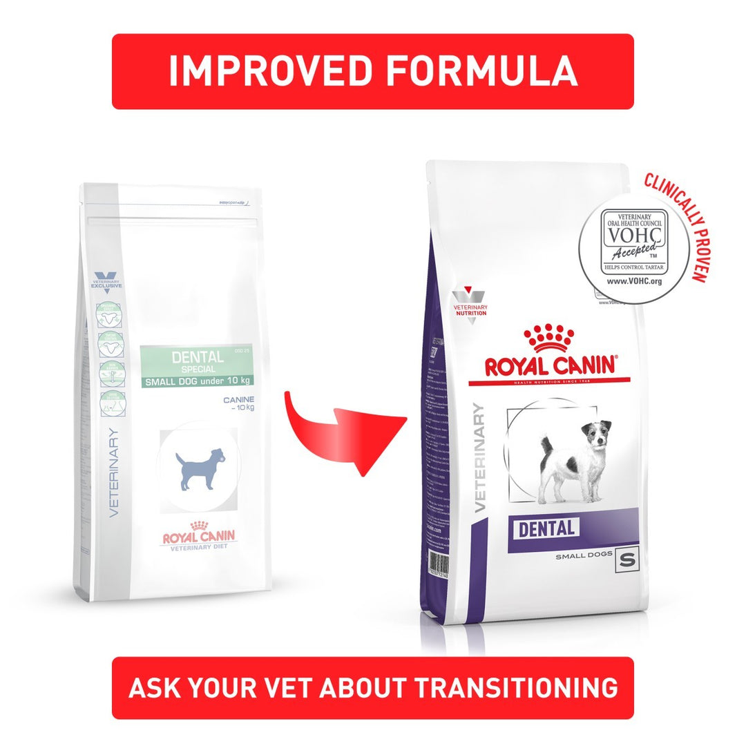 Two packages of Royal Canin Veterinary Diet Dental dog food with a red arrow and text on a white background.