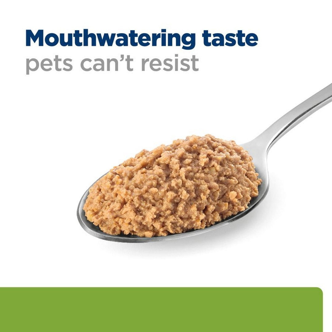 Spoonful of brown pet food with 'Mouthwatering taste pets can't resist' text on a white background.