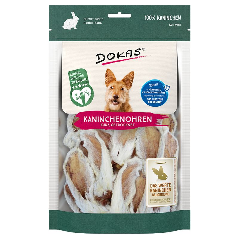 Package of Dokas dog treats with rabbit ears on a white background