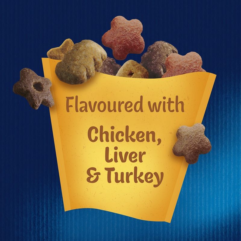 Dog treats in a yellow bag with text on a blue background