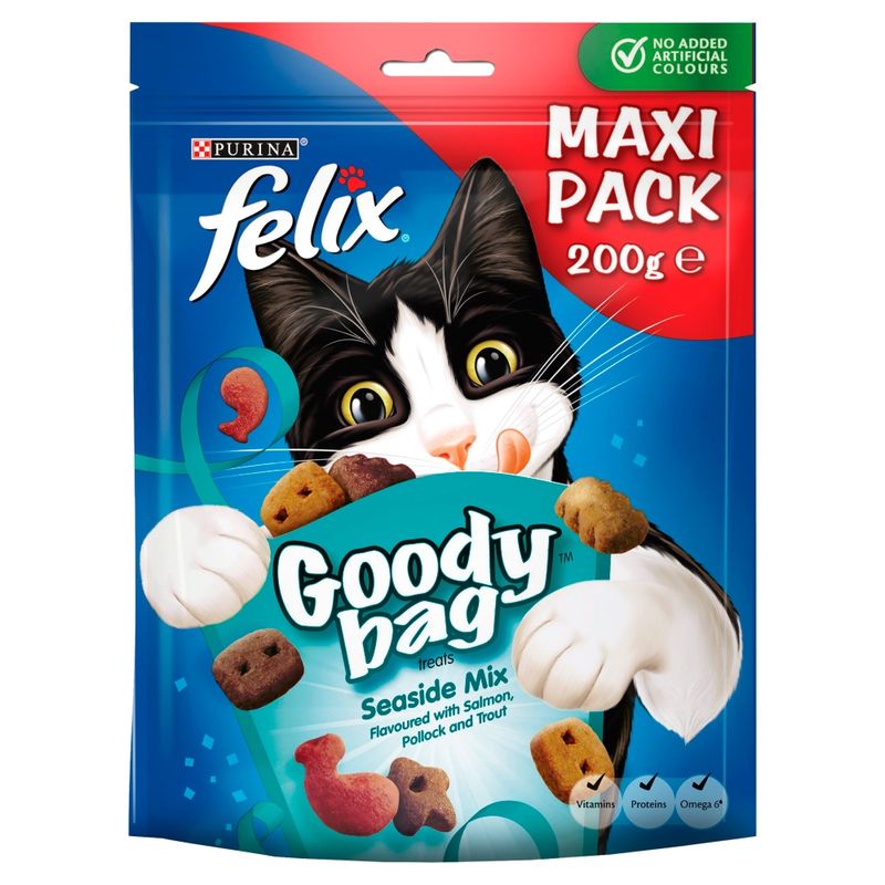 Felix cat treats packaging with a cartoon cat on a white background