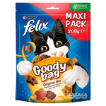 Load image into Gallery viewer, Purina Felix Goody Bag cat treats packaging with a black and white cat illustration on a blue and red background.
