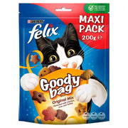 Purina Felix Goody Bag cat treats packaging with a black and white cat illustration on a blue and red background.