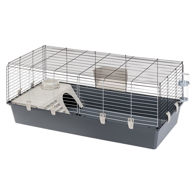Pet cage with a gray base and wire top on a white background
