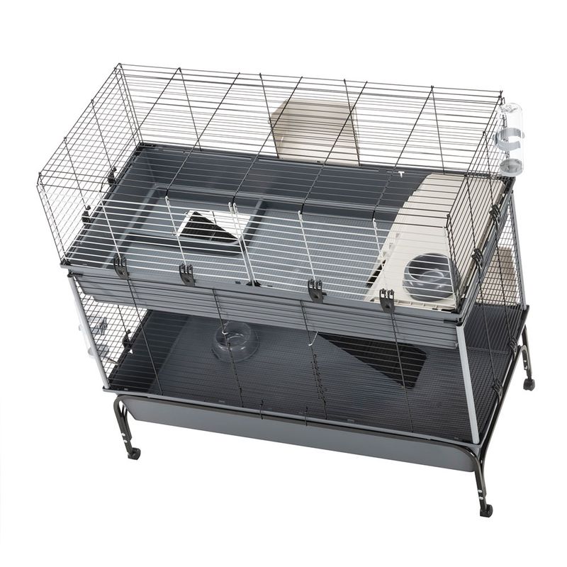Pet cage with multiple levels and wheels on a white background