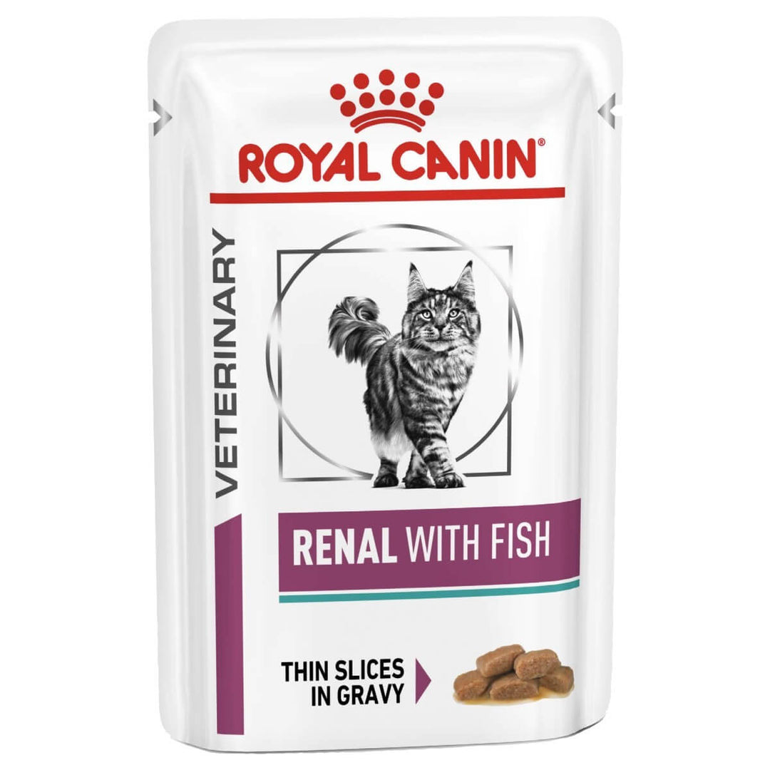 Royal Canin Veterinary Diet Renal with Fish cat food pouch on a white background
