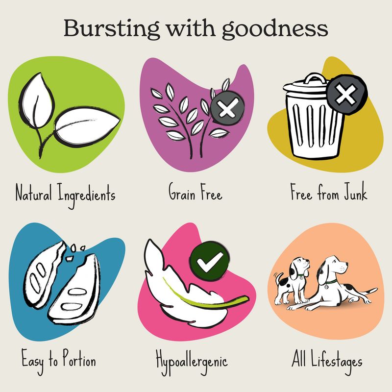 Illustrations of dog food packaging features with icons and text on a beige background.