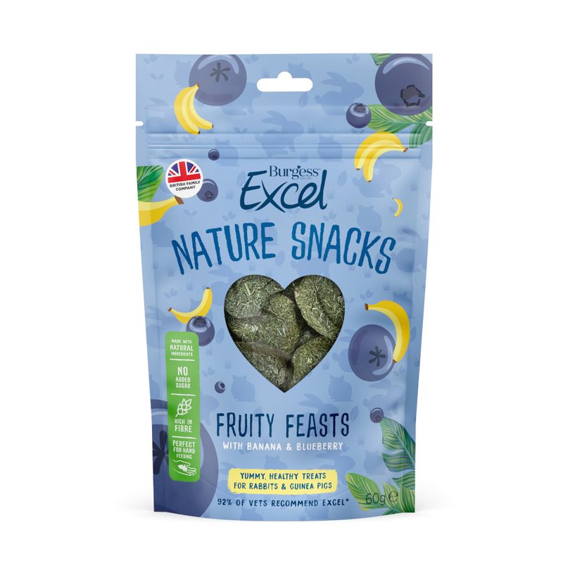 Packaged pet treats with blueberry and banana graphics on a white background