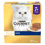 Load image into Gallery viewer, Gourmet Gold Pate cat food packaging for cats aged 7 years and above on a yellow background
