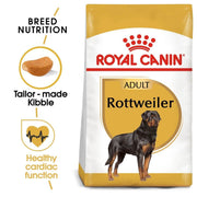 Royal Canin Rottweiler dog food package with text highlighting features