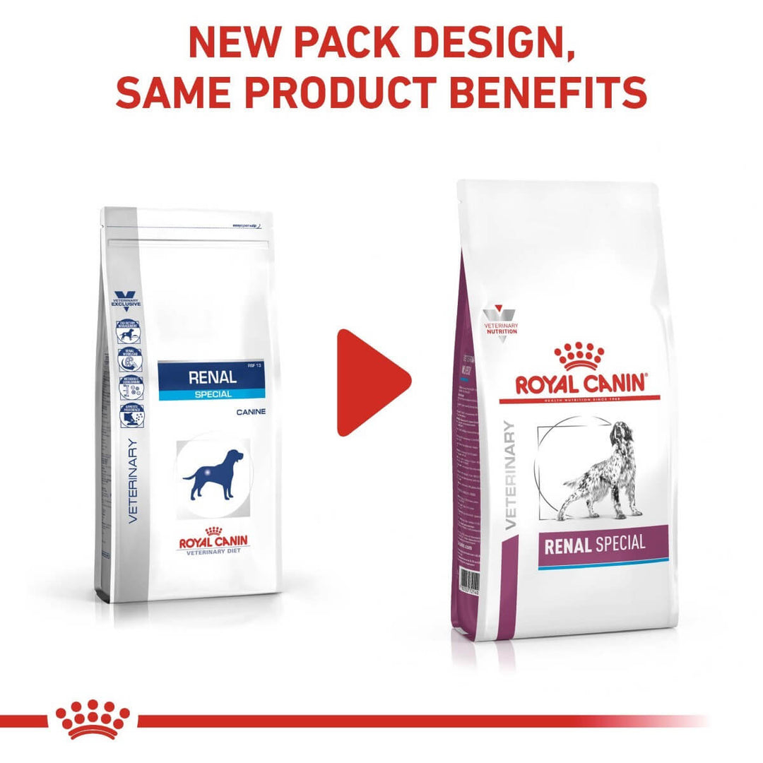 Two packages of Royal Canin Renal Special dog food with a red play button graphic.