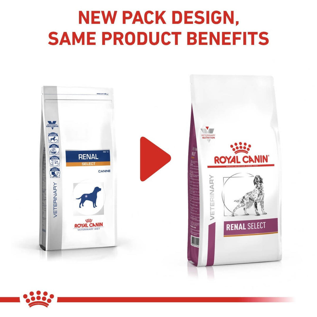 Two packages of Royal Canin Renal Select on a white background with text about new packaging design.