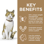 Load image into Gallery viewer, Cat with text detailing key benefits of Hill&#39;s unique weight management formula on a brown background
