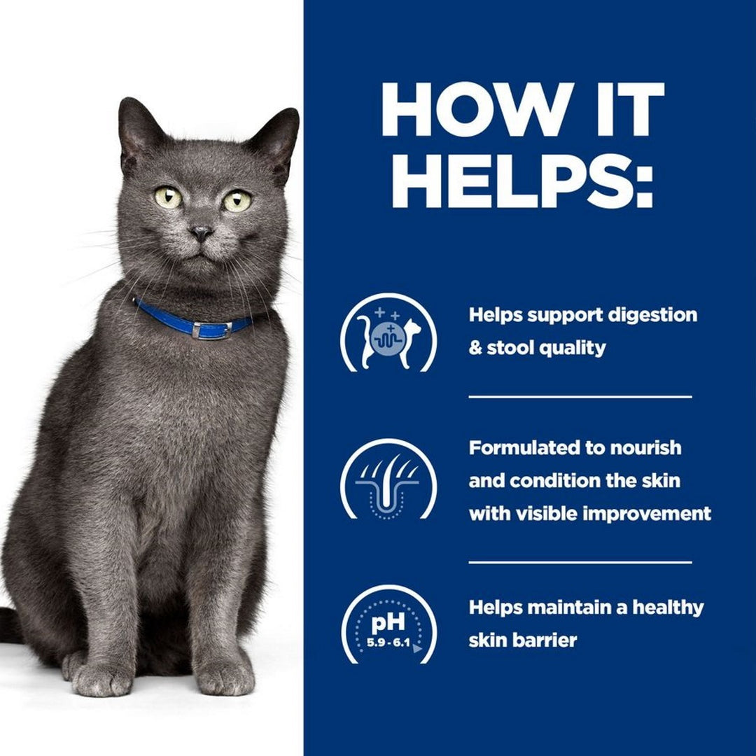 Gray cat wearing a blue collar with text on a white and blue background