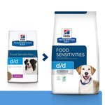 Load image into Gallery viewer, Two packages of Hills Prescription Diet d/d food sensitivities dog food on a white background
