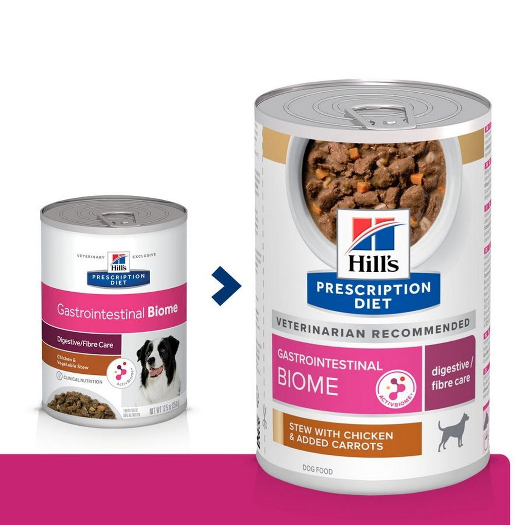 Two cans of Hill's Prescription Diet Gastrointestinal Biome dog food on a white and pink background.
