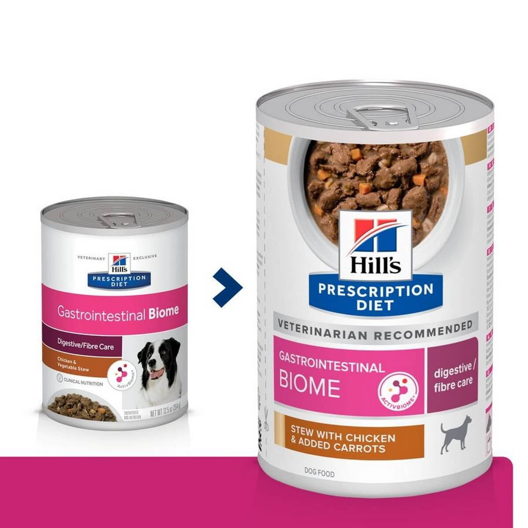 Two cans of Hill's Prescription Diet Gastrointestinal Biome dog food on a white background.