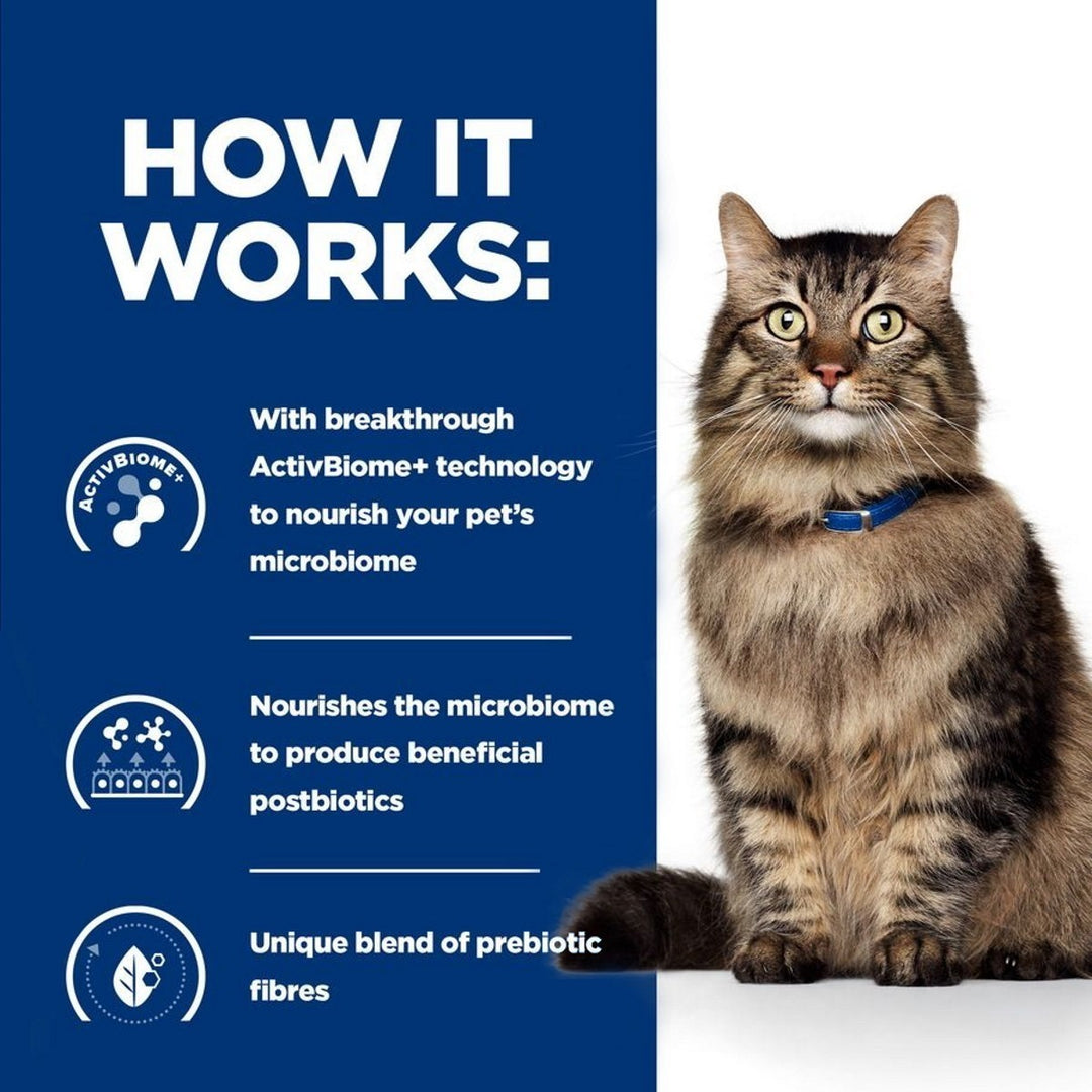 Cat with text explaining ActivBiome+ technology for pet health on a blue background