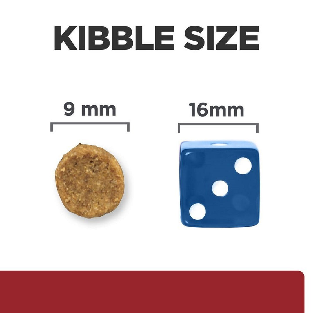 Comparison of kibble size to a blue die showing measurements.
