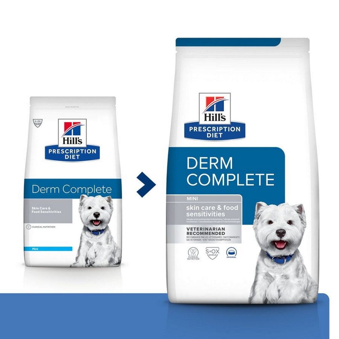 Two packages of Hills Prescription Diet Derm Complete dog food on a white background