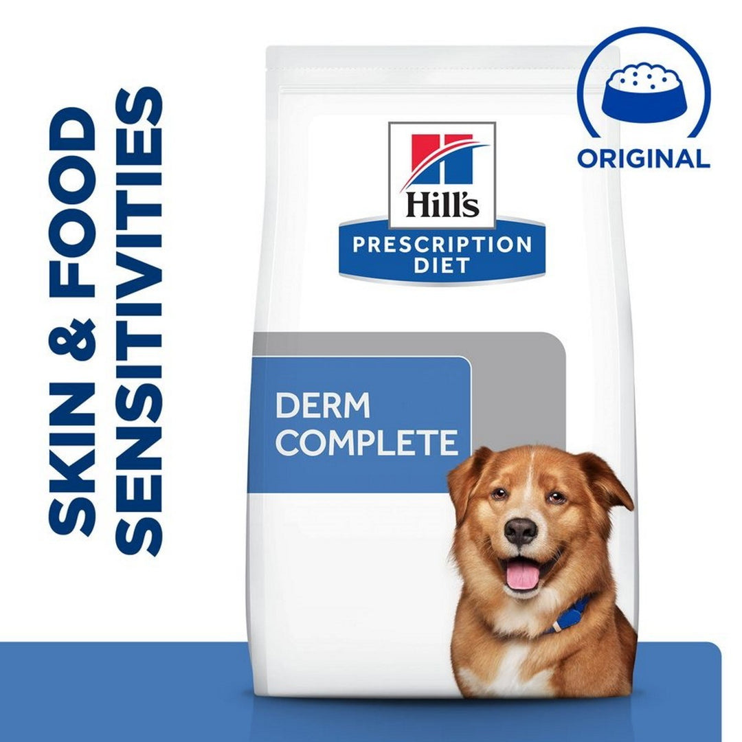 Hills Prescription Diet Derm Complete dog food package on a blue background