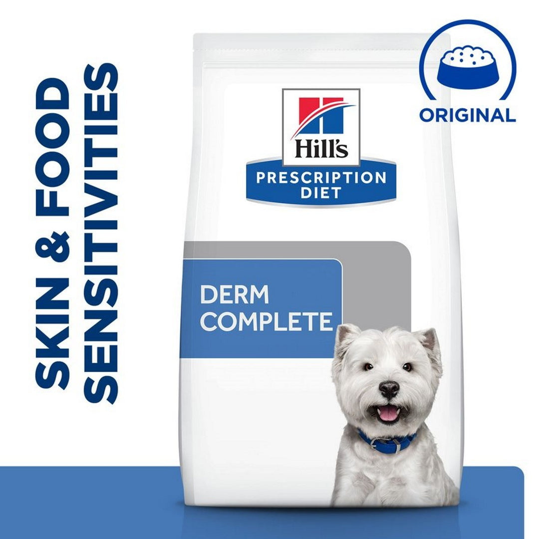 Hills Prescription Diet Derm Complete dog food package on a blue background
