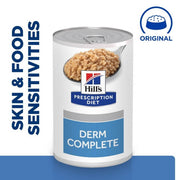 Can of Hill's Prescription Diet Derm Complete on a blue background