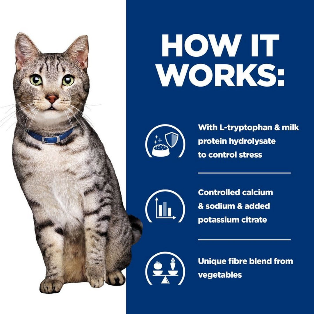 Cat with a blue collar on a white background, next to text about stress control with L-tryptophan and milk protein hydrolysate.