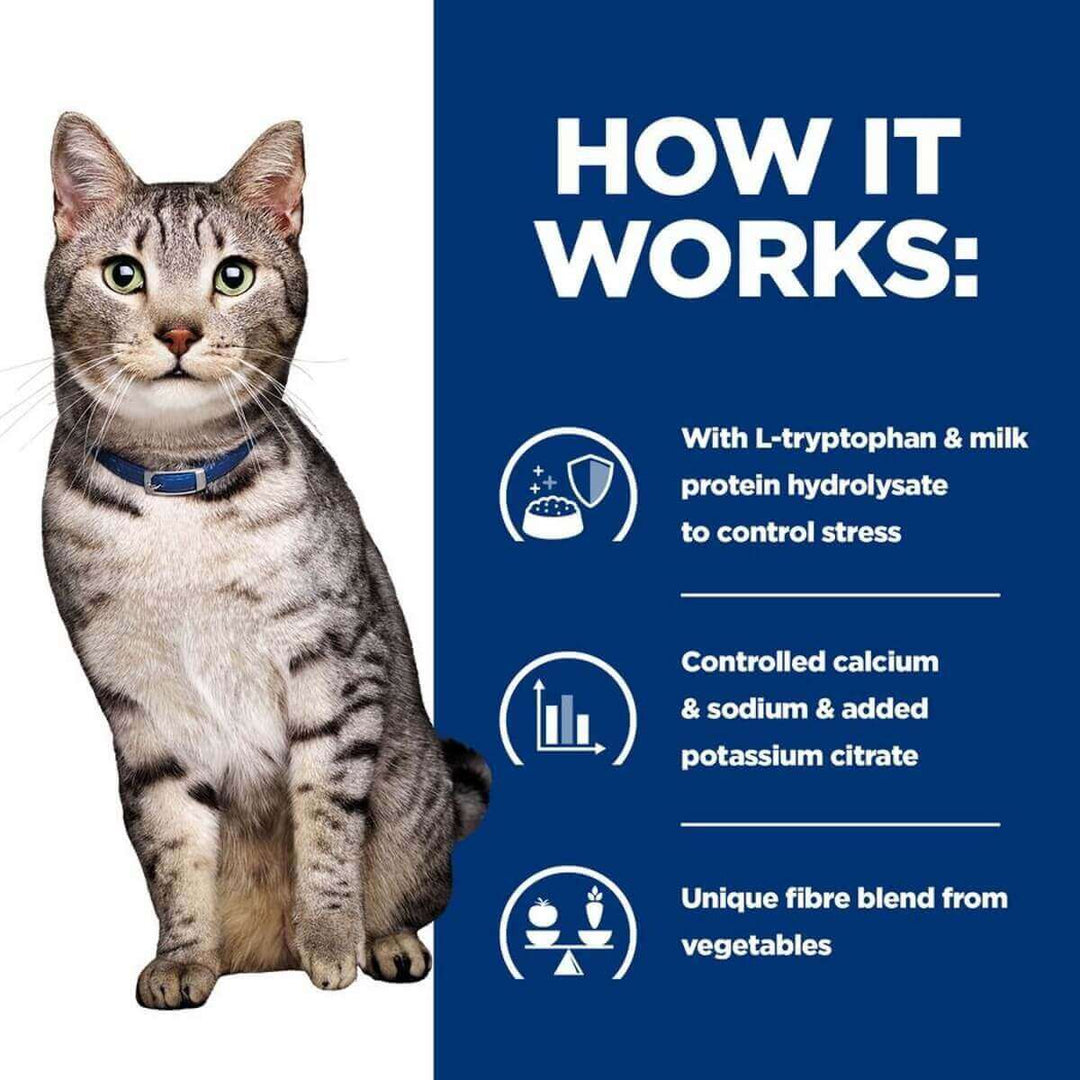 Cat with a blue collar on a white background, next to text about stress control with L-tryptophan and milk protein hydrolysate.