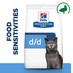 Load image into Gallery viewer, Hill&#39;s Prescription Diet d/d food sensitivities cat food package with a gray cat on a white background
