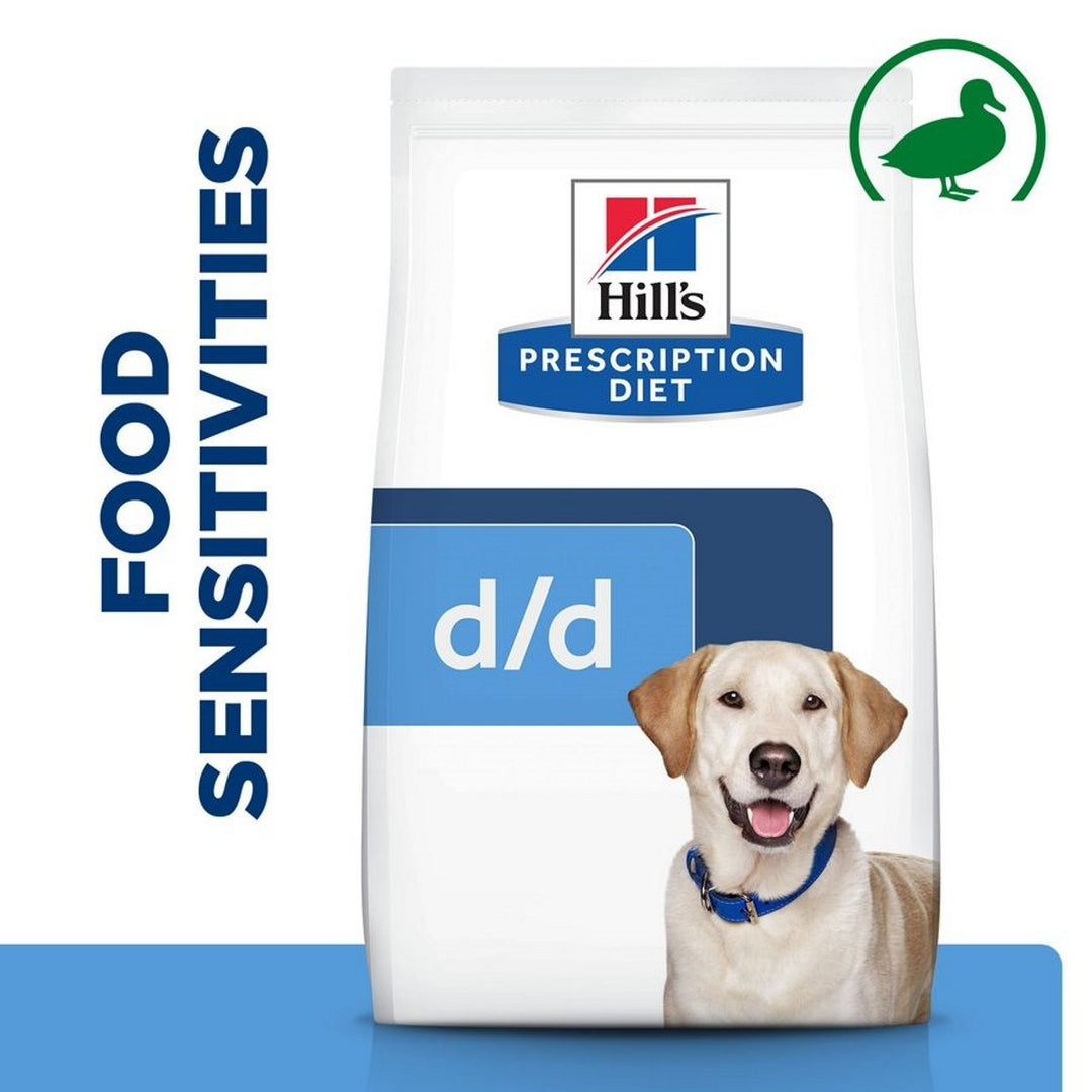 Hills Prescription Diet d/d food sensitivities dog food package with a dog on the label.