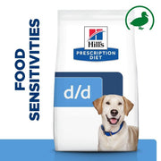 Hills Prescription Diet d/d food sensitivities dog food package with a dog on the label.