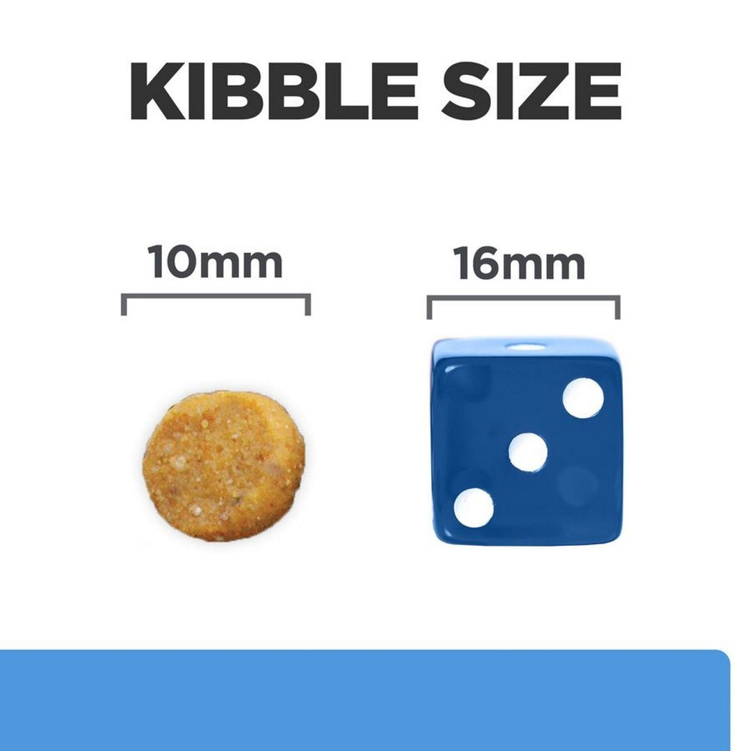 Comparison of kibble size to a blue die showing measurements.