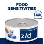 Load image into Gallery viewer, Can of Hills Prescription Diet z/d food on a white background with &#39;Food Sensitivities&#39; text above.
