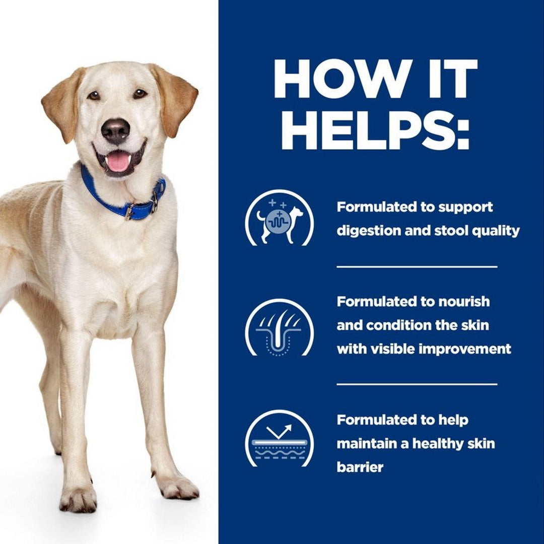 Dog with a blue collar on a white background next to text about product benefits on a blue background