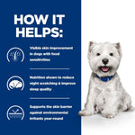 Load image into Gallery viewer, White dog with a blue collar on a white background, with text about product benefits on a blue sidebar.
