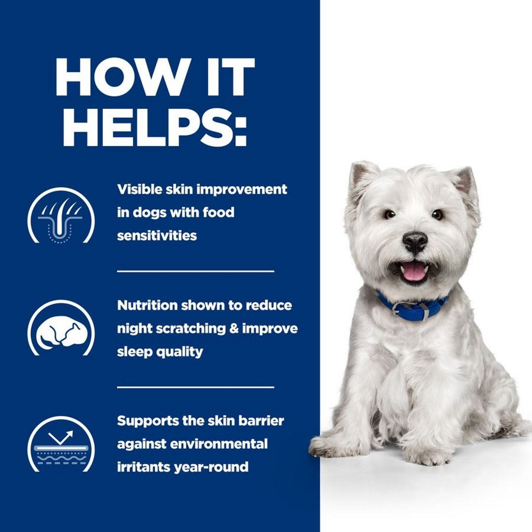 White dog with a blue collar on a white background, with text about product benefits on a blue sidebar.