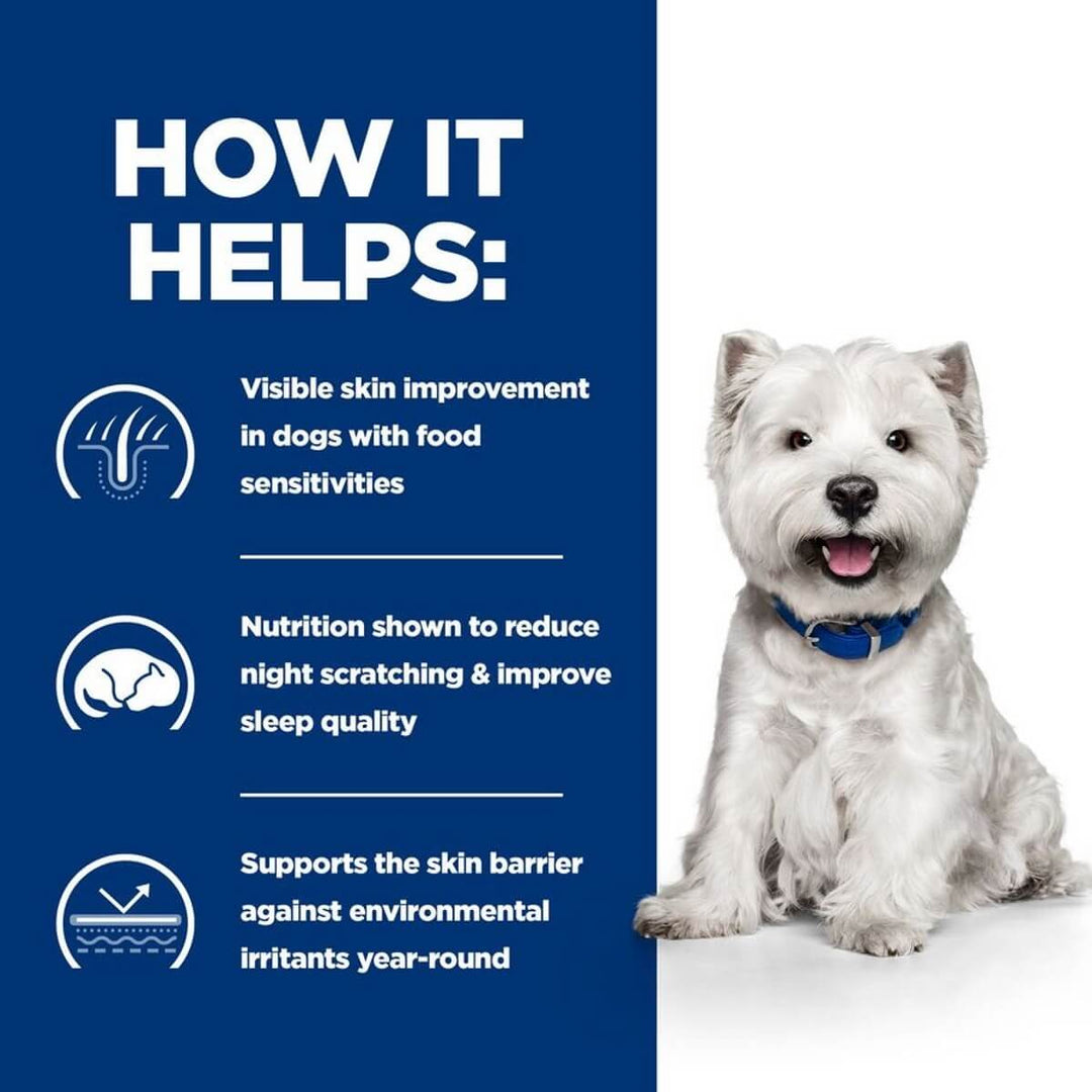 White dog with a blue collar on a white background, next to text about product benefits.