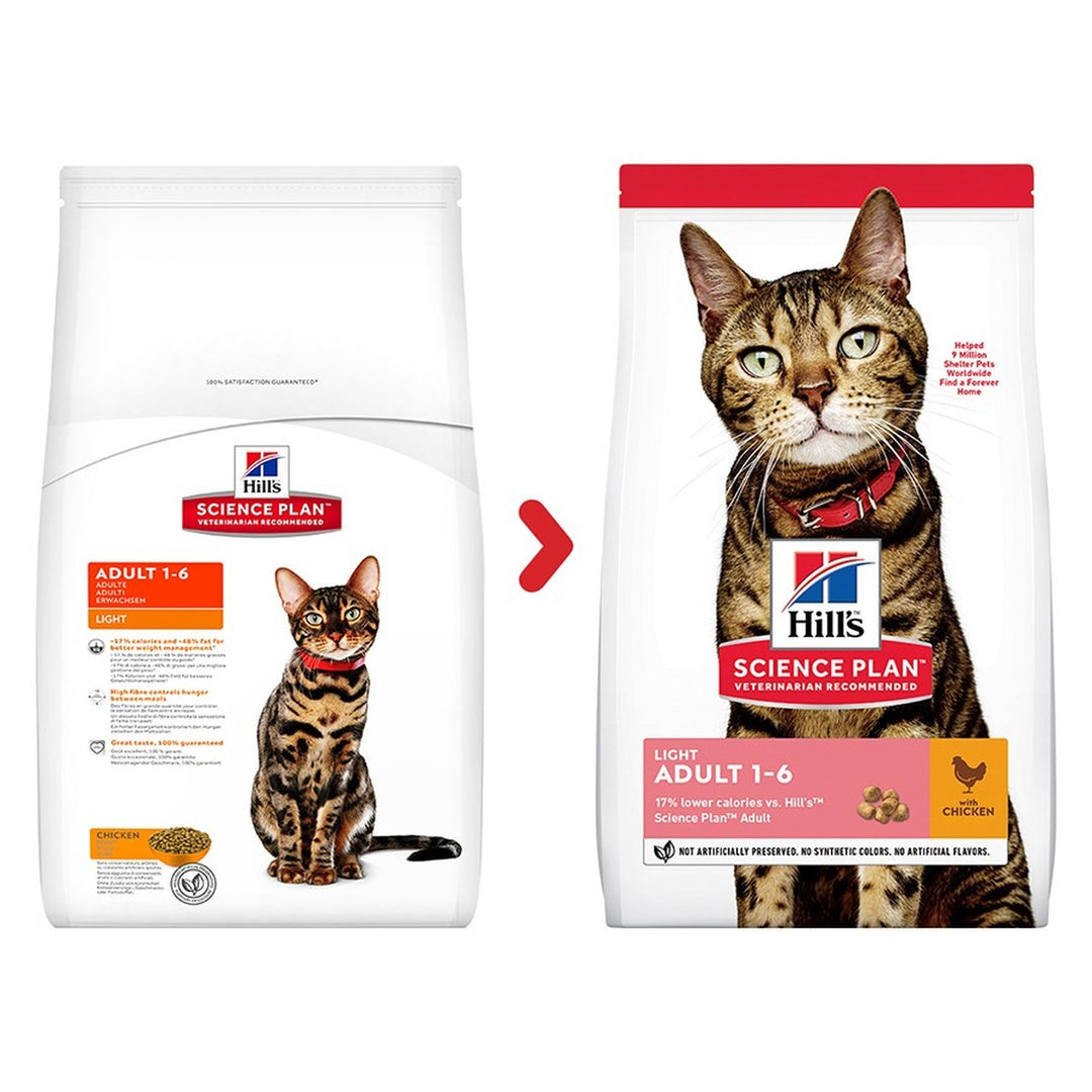 Two bags of Hills Science Plan cat food with a cat on each bag on a white background