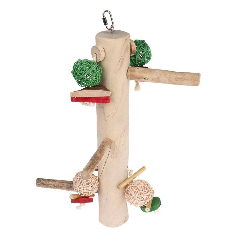 Wooden bird toy with green and beige balls on a white background