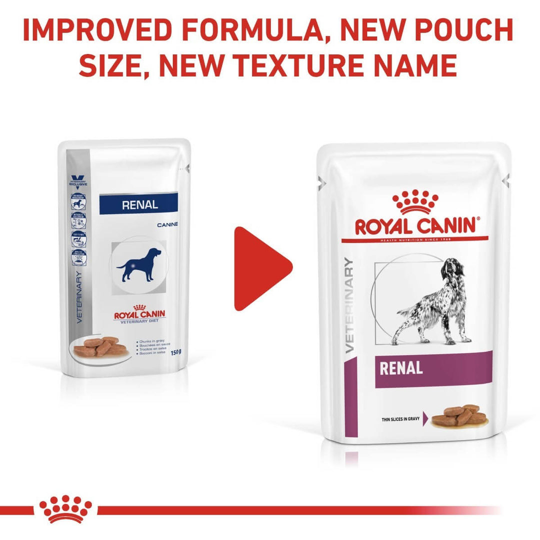 Two packages of Royal Canin Veterinary Diet Renal dog food with text about improved formula and new packaging.