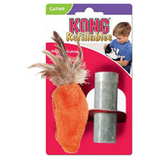 KONG Refillable cat toy with carrot-shaped plush body and feather attachment on packaging