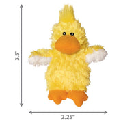 Yellow plush duck toy with dimensions on a white background