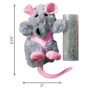 Plush toy mouse with pink accents next to a measuring cylinder on a white background